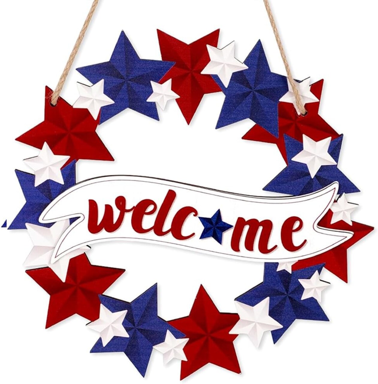 4th of July Welcome Wreath for Front Door Decor 12inch Wooden Red White and Blue Star Hanging Sign